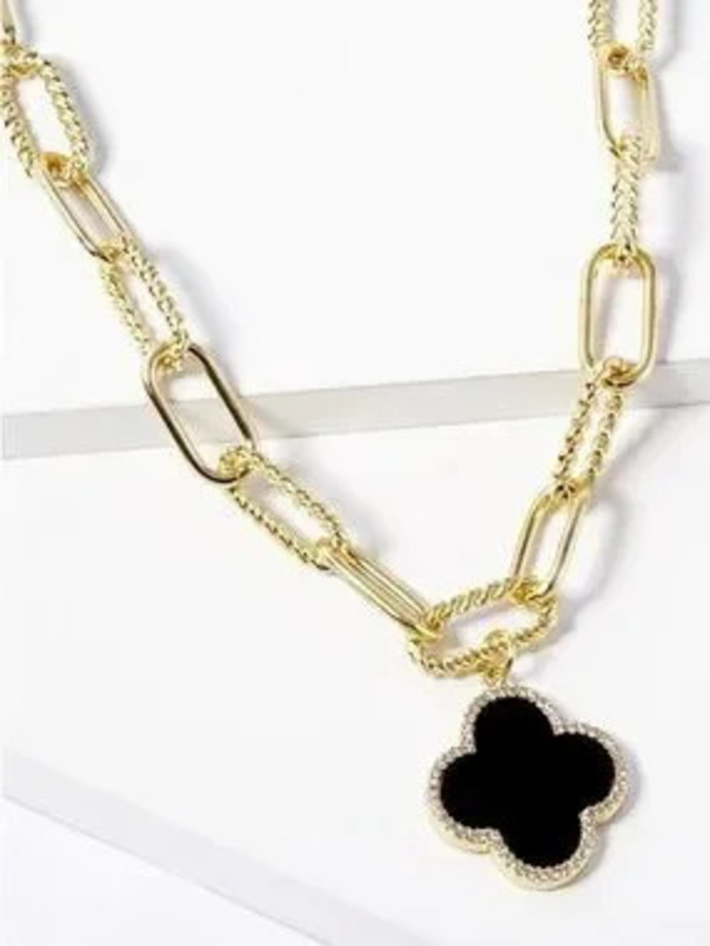 Gold Dipped Black Clover Paperclip Necklace (8515)